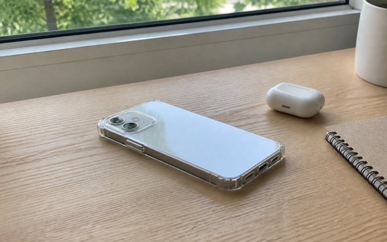 Smartphone in transparenter Hülle auf dem Tisch