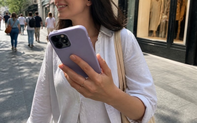 Smartphone in bunter Silikonhülle in der Hand